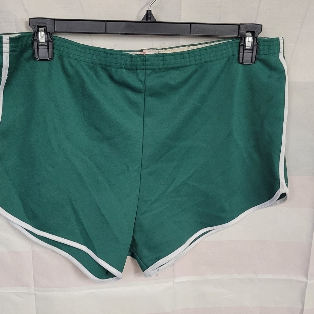 Vintage 1980s Green Athletic Shorts Stretched Out Elastic Band Waistline 6"